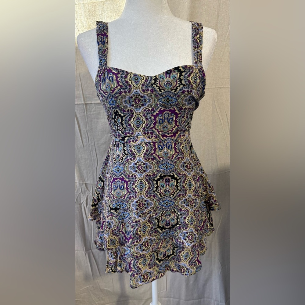 Free People Paisley Tiered Mini Dress in Purple & Blue